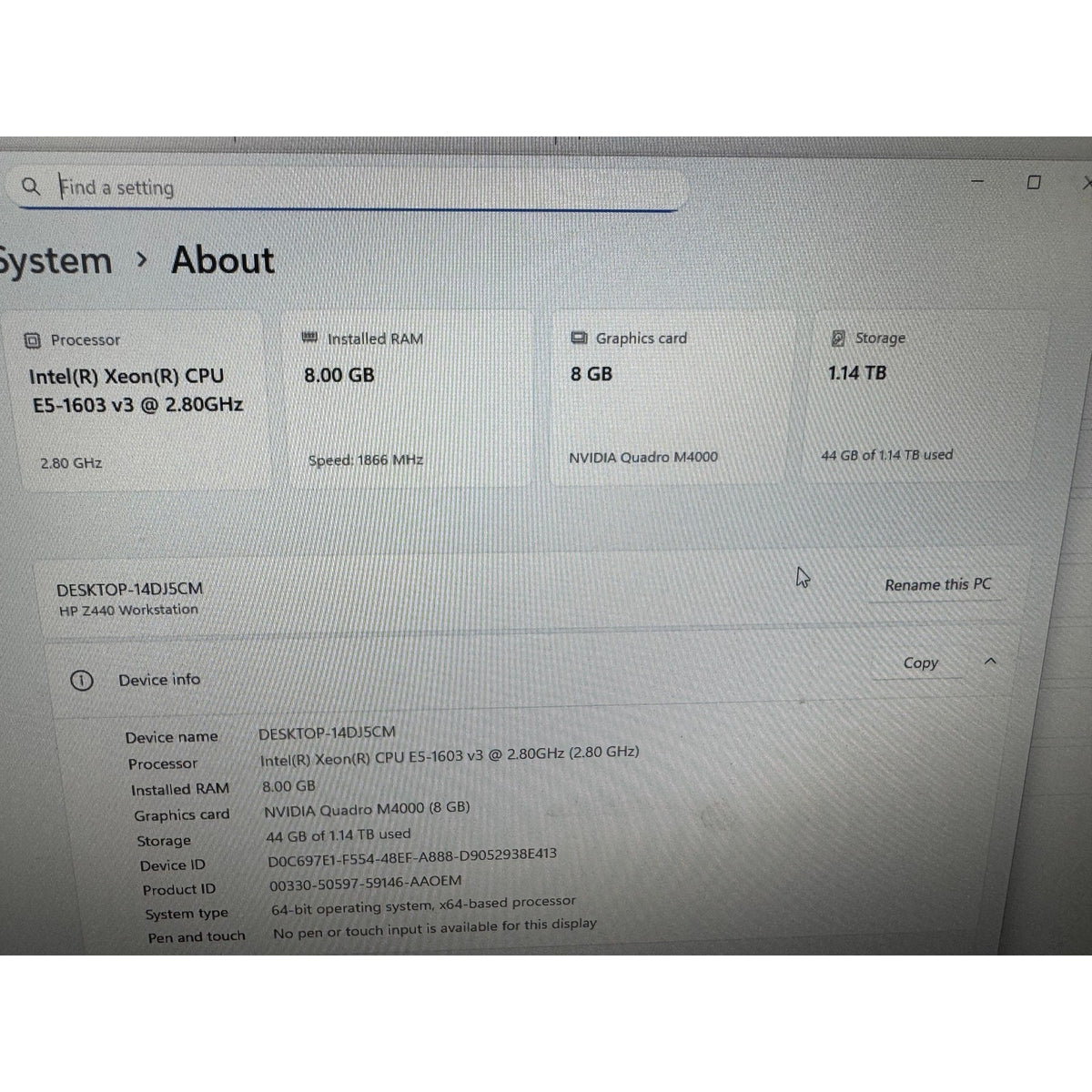 HP Z440 Workstation Tower Xeon E5-1603 2.8GHz 8GB 256GB SSD + 1TB HDD M4000 8GB