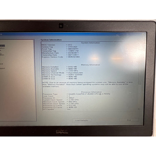 Dell Latitude e6320 Intel Core i7-2620M 8 GB No Drive 13.3"