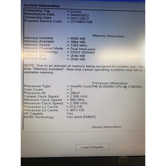 Dell Latitude E6520 Intel Core i5-2520M 4 GB No Drive 15.6" 1600x900
