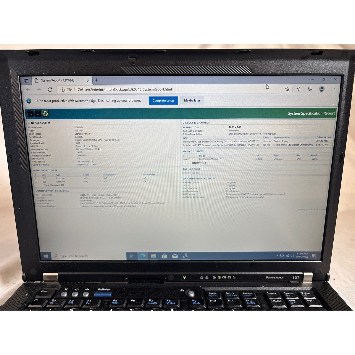 Lenovo ThinkPad T61 14.1" Core 2 Duo T7300 3GB RAM 160GB HDD CMOS Battery Dead