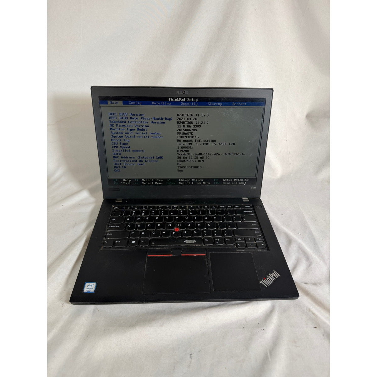 Lenovo ThinkPad T480 i5-8250U No RAM No Drive 14" FOR PARTS/REPAIR Bios locked
