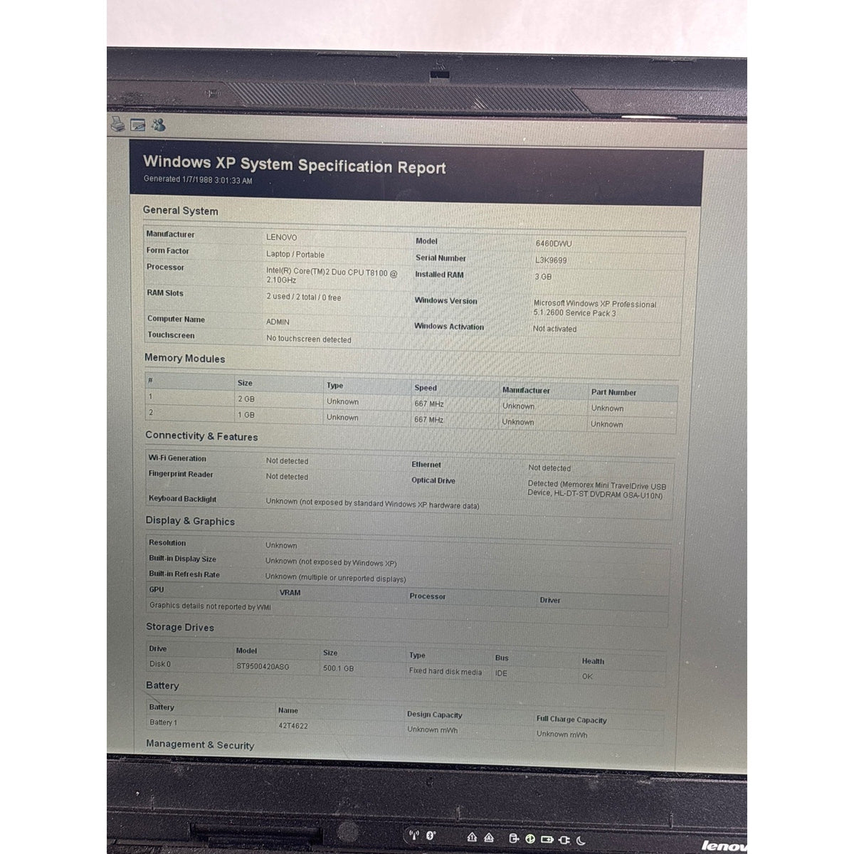 Lenovo ThinkPad T61 Win XP Core 2 Duo T8100 2.1GHz 3GB 500GB HDD 15.4"