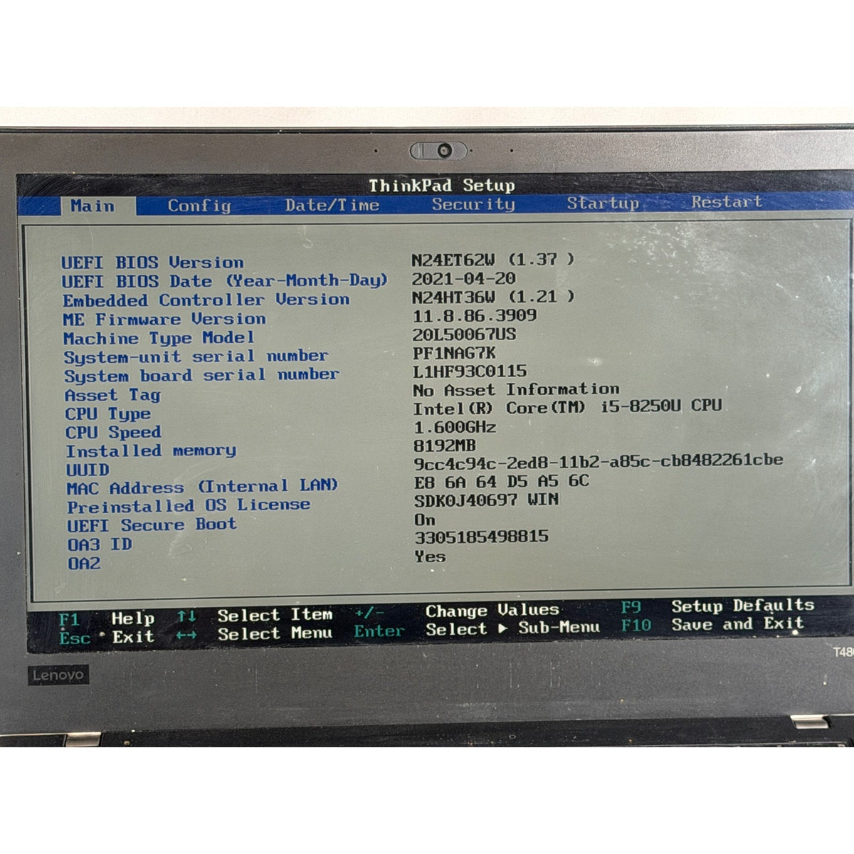 Lenovo ThinkPad T480 i5-8250U No RAM No Drive 14" FOR PARTS/REPAIR Bios locked