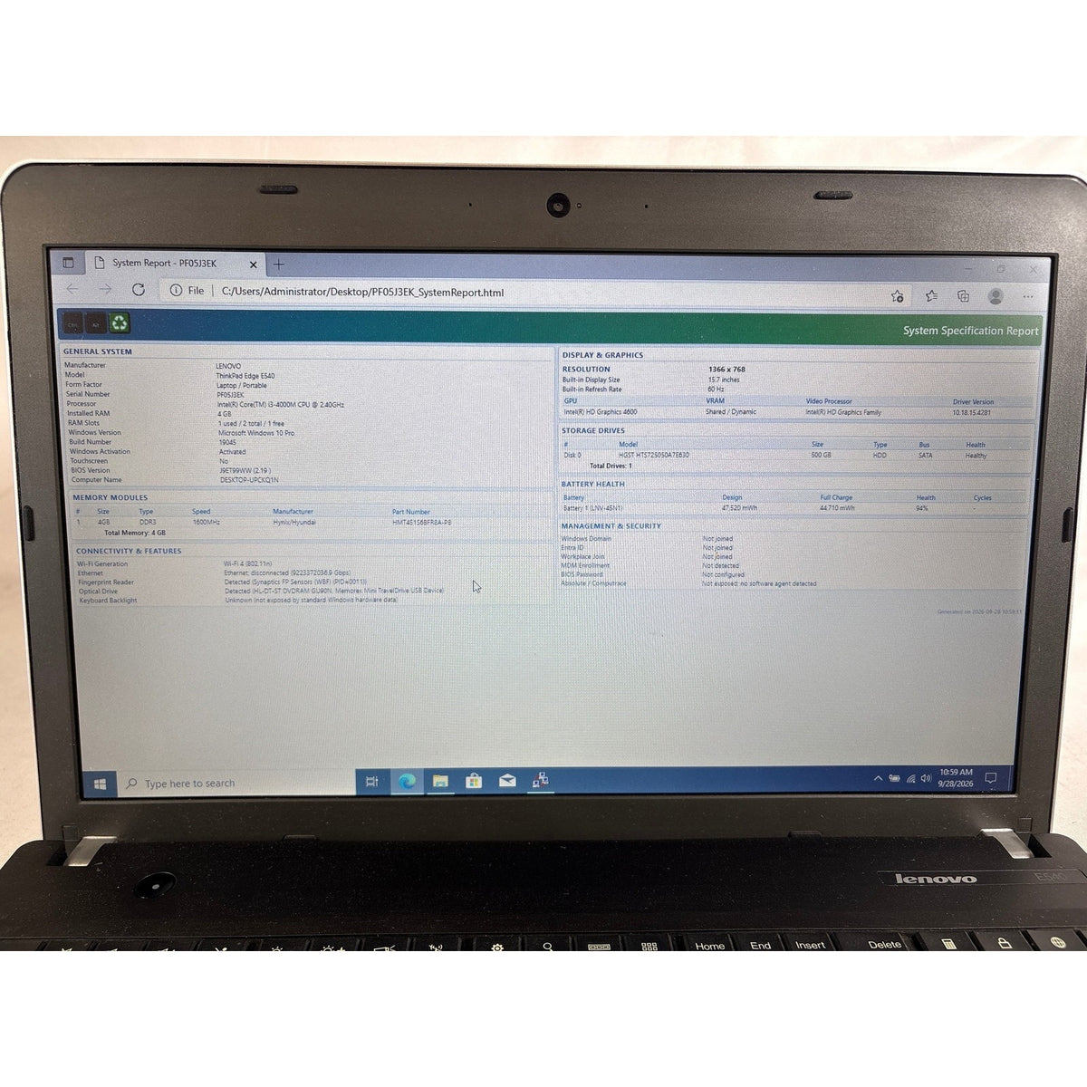 Lenovo ThinkPad Edge E540 15.6" i3-4000M 4GB 500GB HDD Win 10 Pro