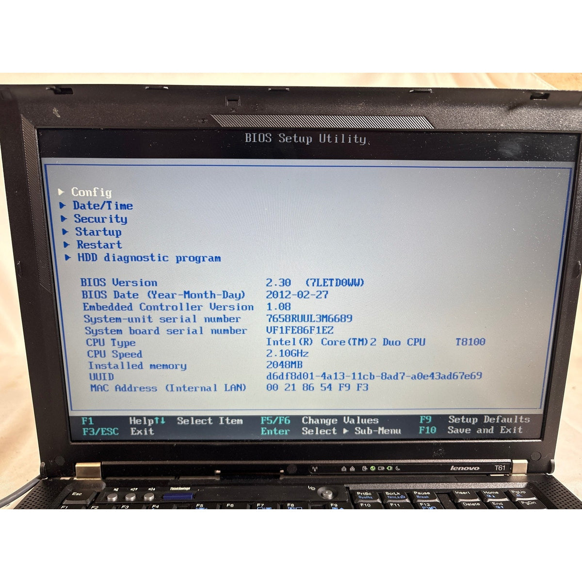 Lenovo ThinkPad T61 Core 2 Duo T8100 2GB No Drive 14.1"