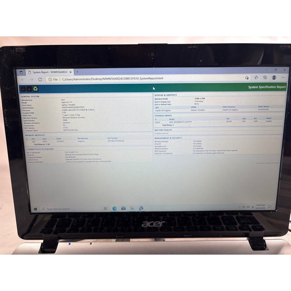 Acer Aspire E3-111 Celeron N2830 2.2GHz 2GB 320GB HDD 11.6" FOR PARTS/REPAIR