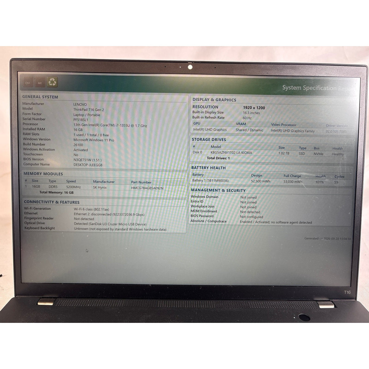 Lenovo ThinkPad T16 Gen 2 i7-1355U 1.7GHz 16GB 1TB 16"