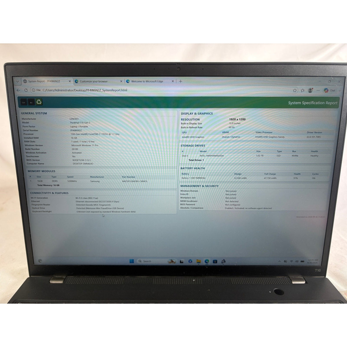 Lenovo ThinkPad T16 Gen 2 i7-1355U 16GB 1TB SSD 16" RAM Slot Damaged 1920x1200