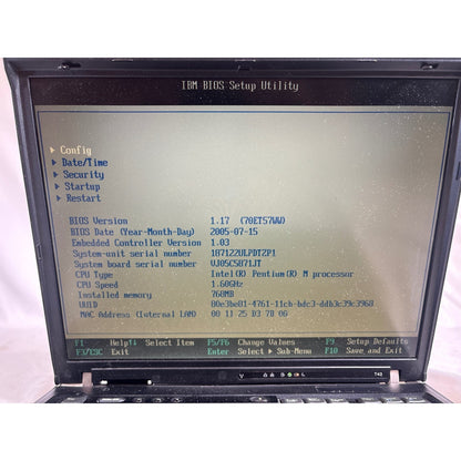 IBM ThinkPad T43 1871-22U Pentium M 1.60GHz 768MB No HDD 14"