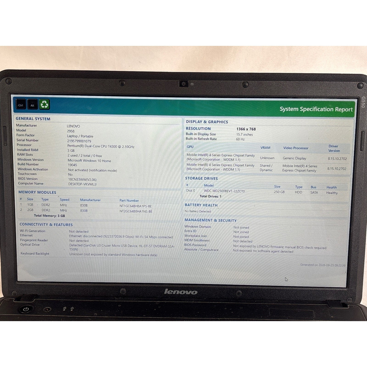 Lenovo G550 2958 Pentium T4300 2.1GHz 3GB 250GB HDD 15.6" Laptop