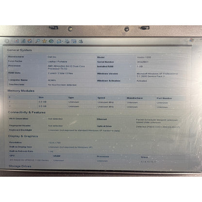 Dell Vostro 1000 15.4" AMD Athlon 64 X2 TK-53 1GB 60GB HDD