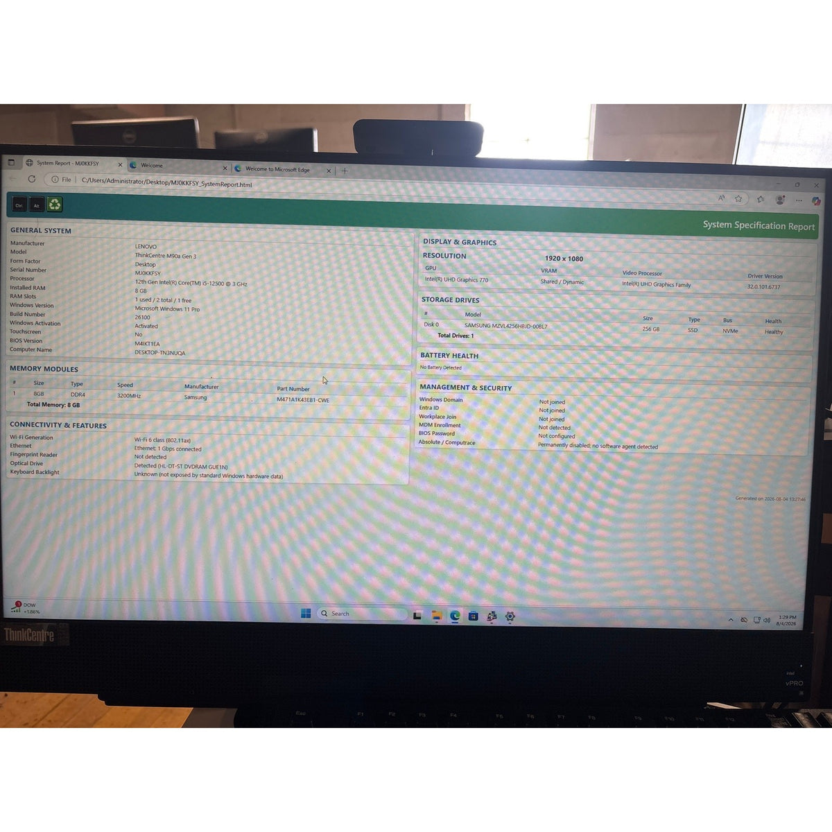 Lenovo ThinkCentre M90a Gen 3 AIO i5-12500 3GHz 8GB 256GB SSD