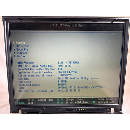 IBM ThinkPad T43 Intel Pentium M 1.86GHz 1GB No Drive 14.1" FOR PARTS/REPAIR