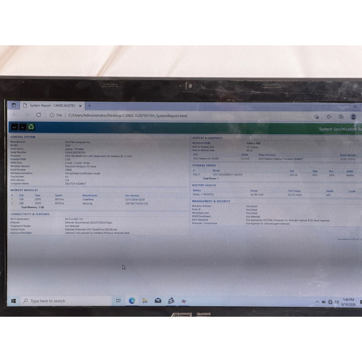 Asus A53Z AMD A6-3420M APU with Radeon HD Graphics 3GB 320GB HDD 15.6"
