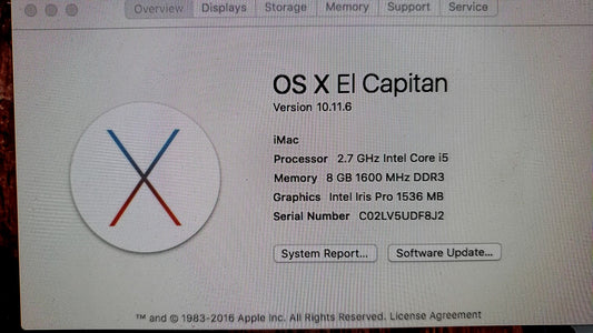 Apple iMac late 2013 21.5" A1418 AIO Intel Core i5 2.7GHz 8GB DDR3 1TB HDD
