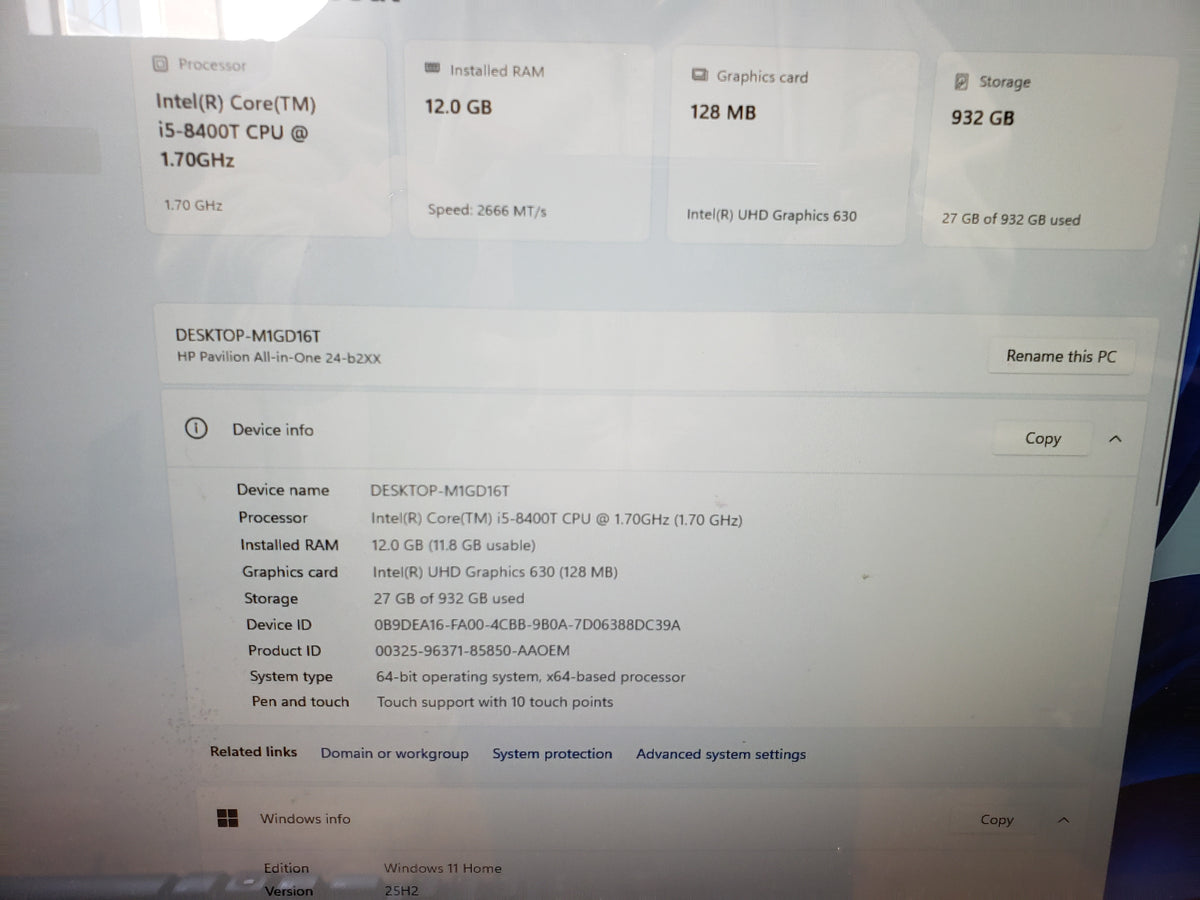 HP Pavilion All-in-One 24-b327c Intel Core i5-8400T 12 GB 1TB HDD Win11Home