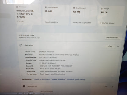 HP Pavilion All-in-One 24-b327c Intel Core i5-8400T 12 GB 1TB HDD Win11Home