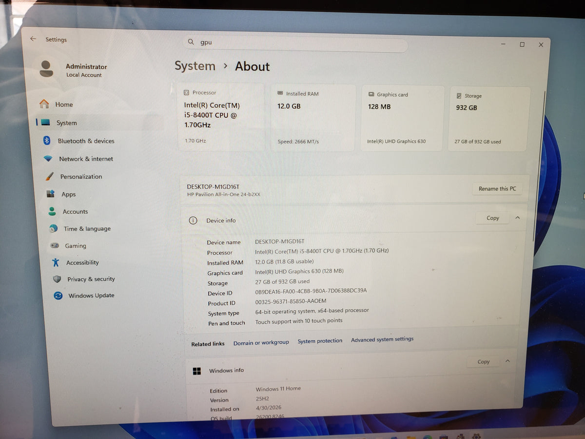 HP Pavilion All-in-One 24-b327c Intel Core i5-8400T 12 GB 1TB HDD Win11Home