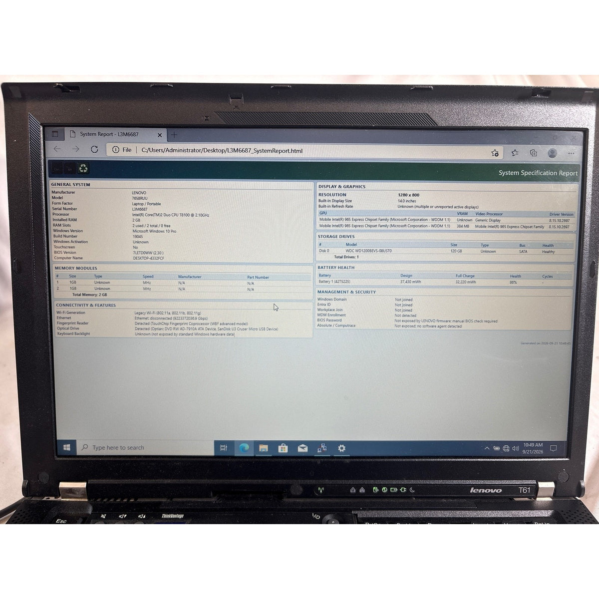 Lenovo 7658RUU Core 2 Duo T8100 2.1GHz 2GB 120GB HDD 14.1"