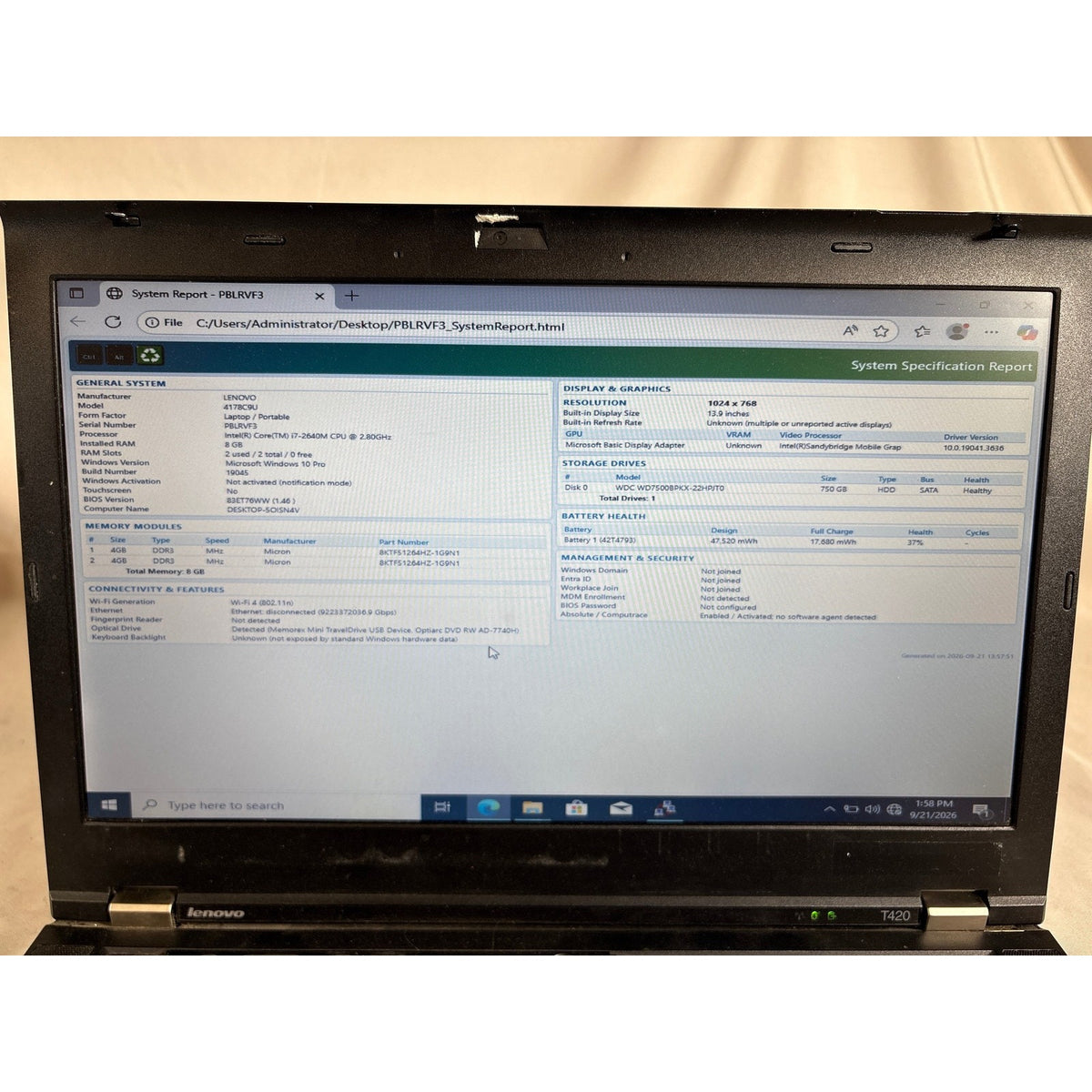 Lenovo 4178-C9U i7-2640M 2.8GHz 8GB 750GB HDD 14"
