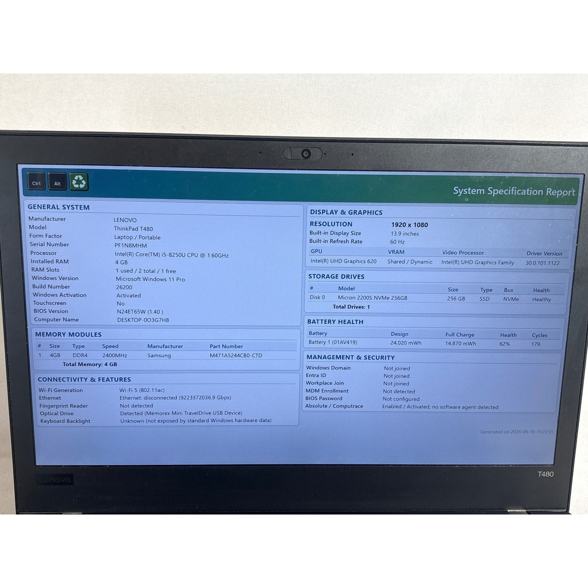 Lenovo ThinkPad T480 i5-8250U 1.6GHz 4GB 256GB SSD 14"