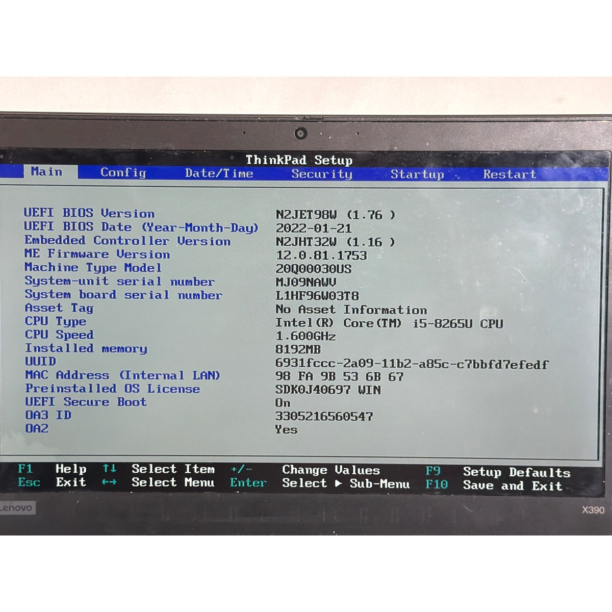 Lenovo ThinkPad X390 i5-8265U 8GB No Drive 13.3"