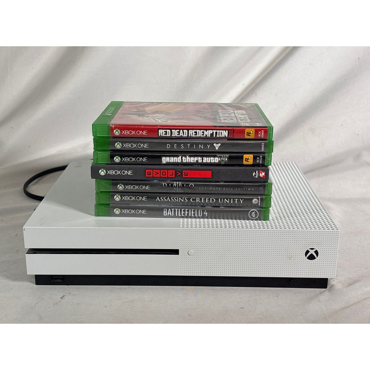 Microsoft Xbox One S Model 1681 White Console + 7 Games RDR2 Diablo, Destiny