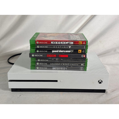 Microsoft Xbox One S Model 1681 White Console + 7 Games RDR2 Diablo, Destiny