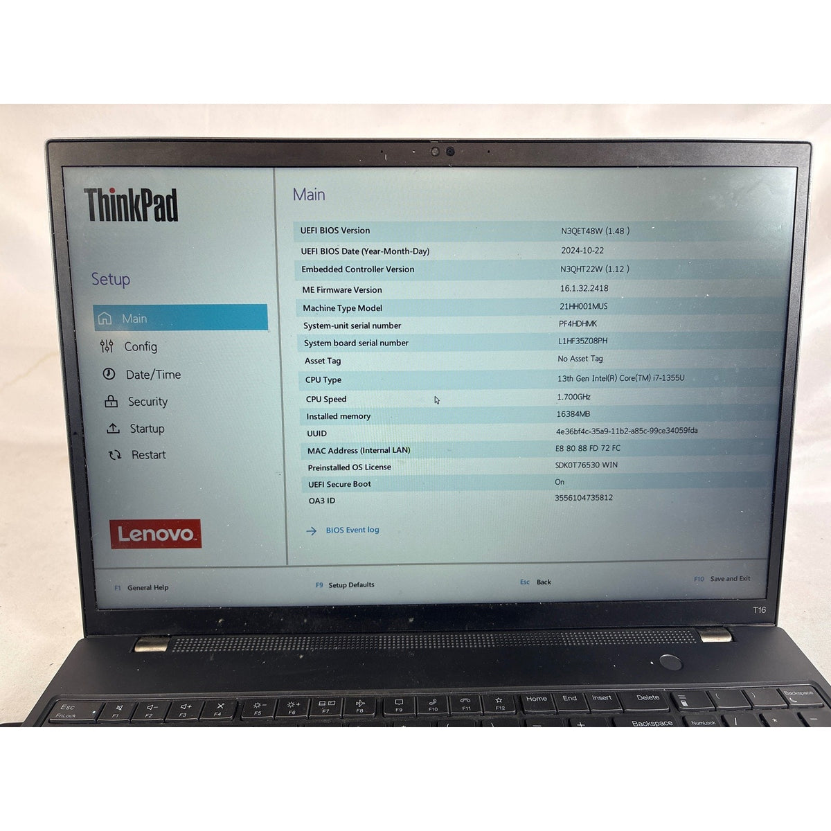 Lenovo ThinkPad T16 Gen 2 i7-1355U 16GB No Drive 16" FOR PARTS/REPAIR