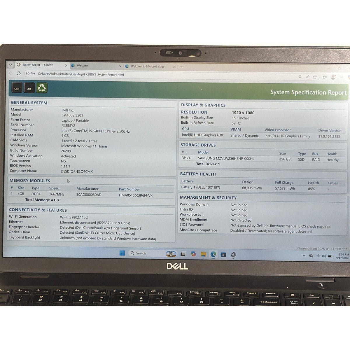 Dell Latitude 5501 i5-9400H 4GB 256GB SSD 15.6"