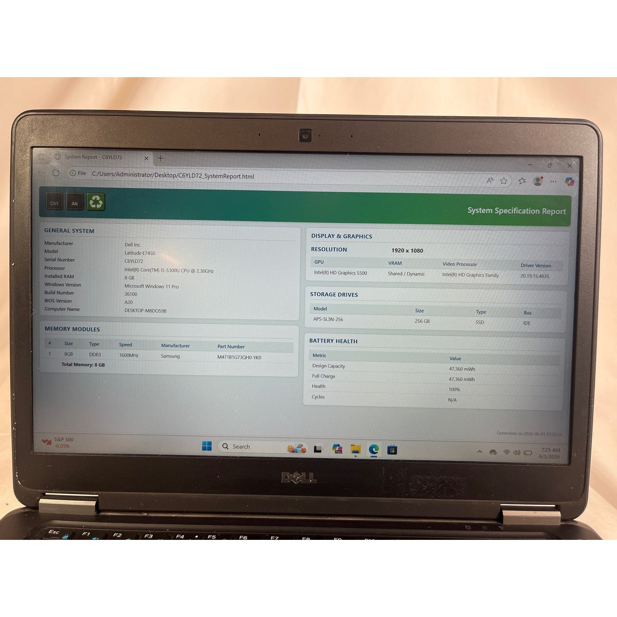 Dell Latitude E7450 Intel Core i5-5300U 8 GB 256GB SSD 14"
