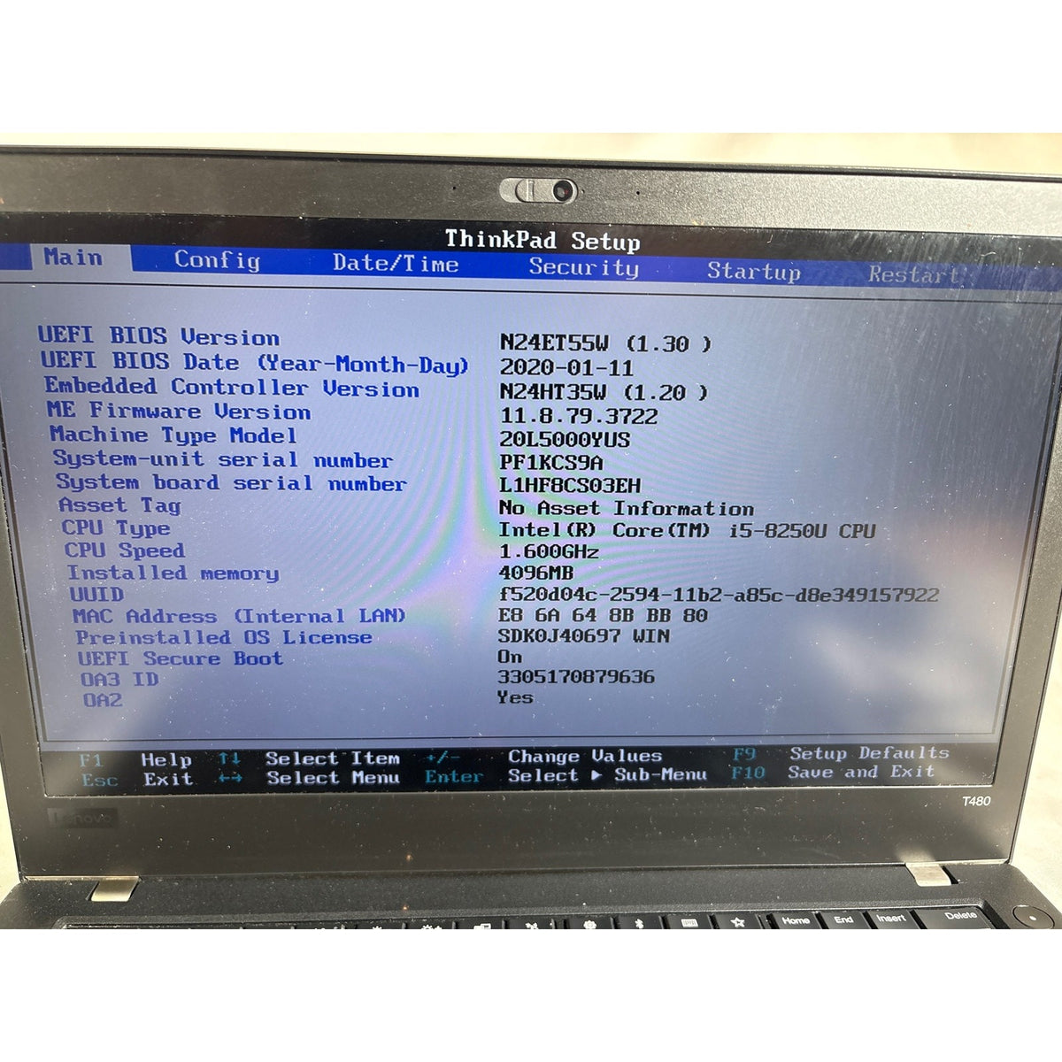 Lenovo ThinkPad T480 i5-8250U No RAM/Drive 14" FOR PARTS/REPAIR