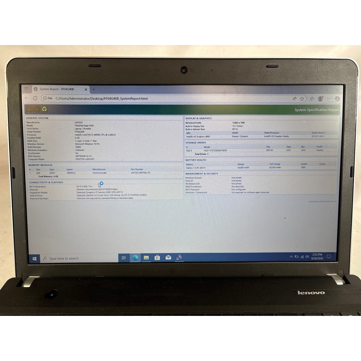 Lenovo ThinkPad Edge E540 i3-4000M 2.4GHz 4GB 500GB HDD 15.6" FOR PARTS/REPAIR