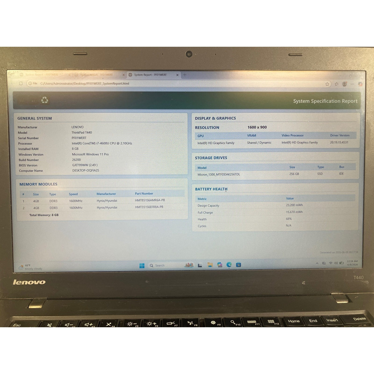 Lenovo ThinkPad T440 Intel Core i7-4600U 8 GB 256GB SSD 14"