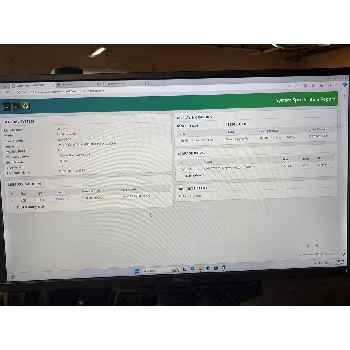 Dell OptiPlex 3080 Micro i3-10100T 3GHz 8GB 256GB NVMe SSD