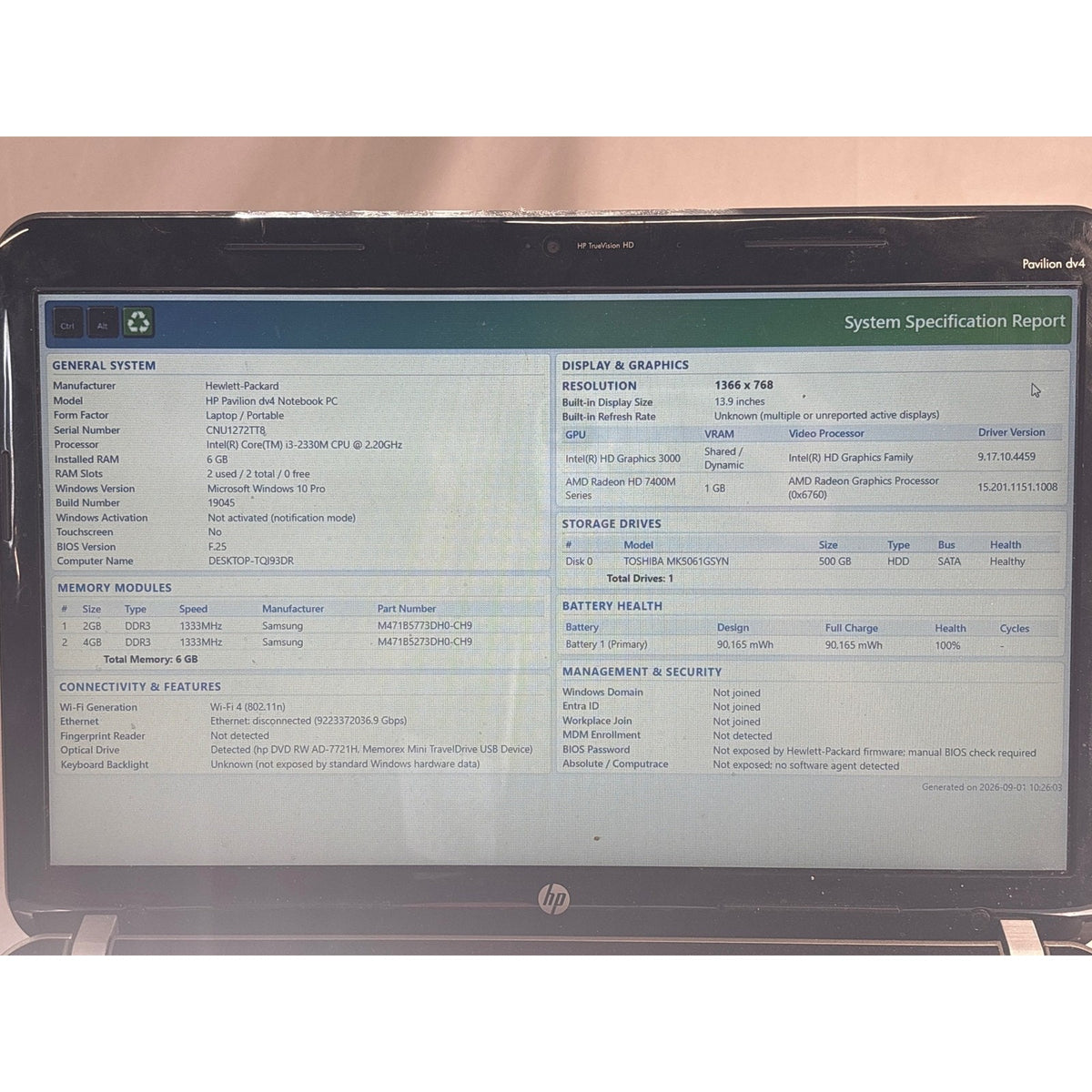 HP HP Pavilion dv4 Notebook PC i3-2330M 2.2GHz 6GB 500GB HDD 14"