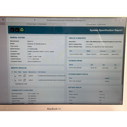 Apple MacBook Air 13" Early 2014 i5-4260U 1.4GHz 4GB 256GB SSD A1466