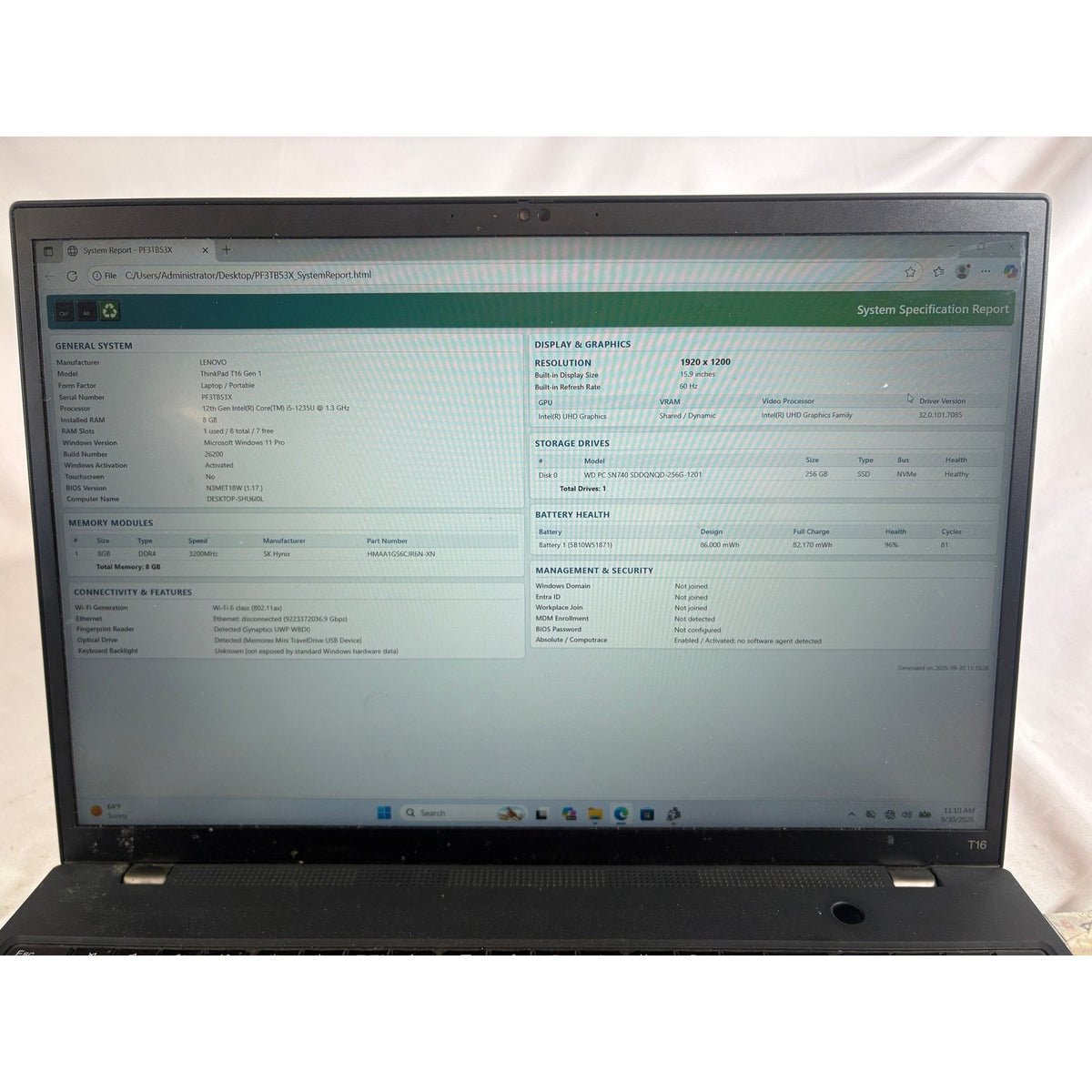 Lenovo ThinkPad T16 Gen 1 i5-1235U 1.3GHz 8GB 256GB 16" FOR PARTS/REPAIR