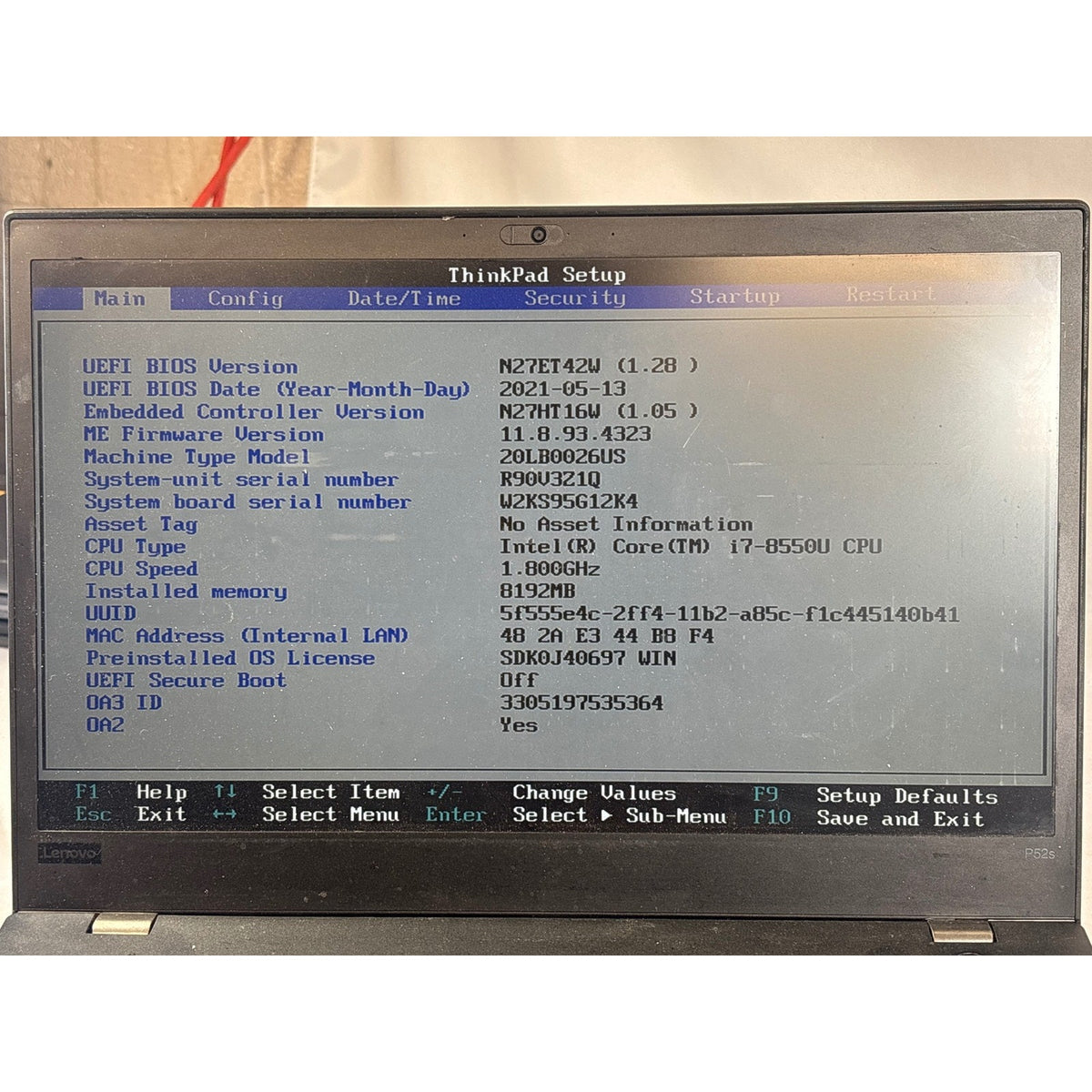 Lenovo ThinkPad P52s i7-8550U No RAM No Drive 15.6" FOR PARTS/REPAIR
